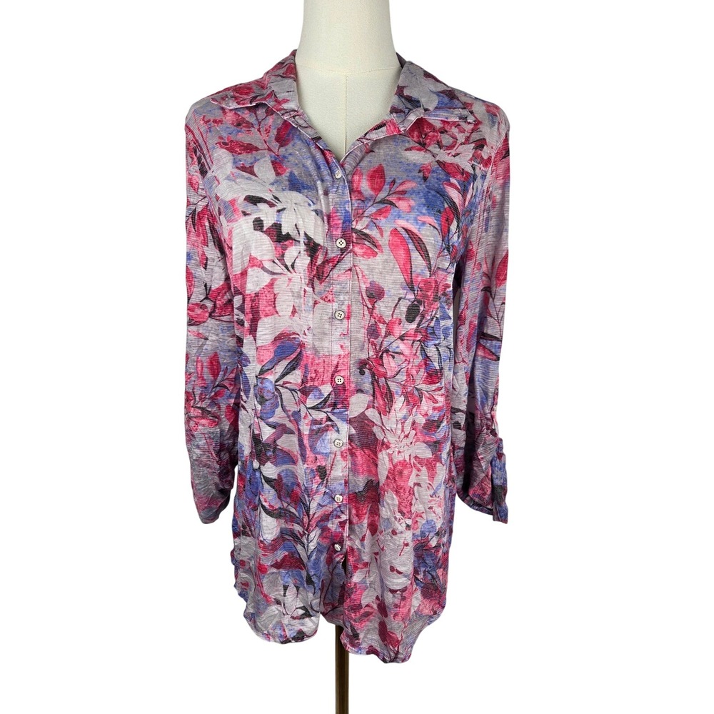 David Cline Snap Down Shirt Large Fuchsia Floral Roll Tab Sleeve Artsy Travel